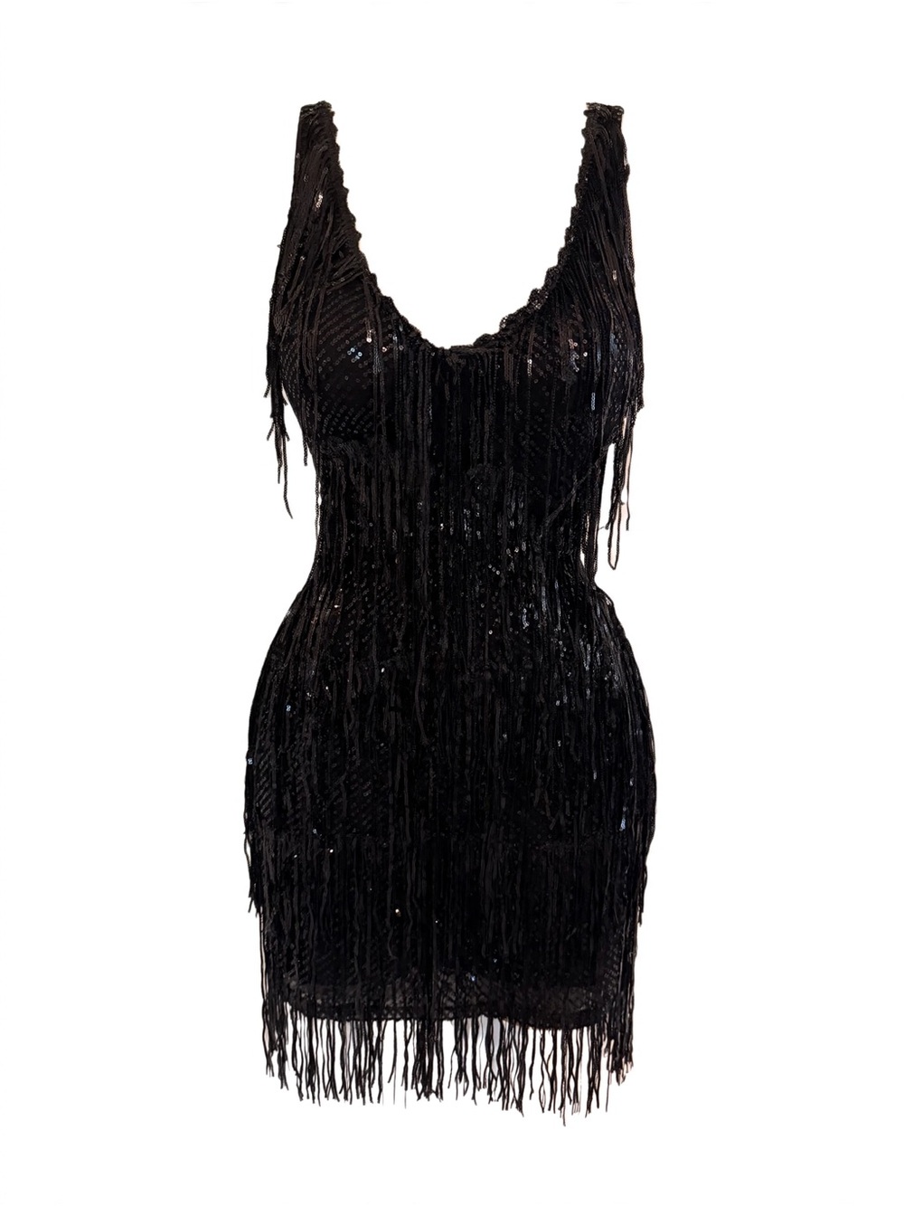 Black Fringe Sequin Maxi Dress